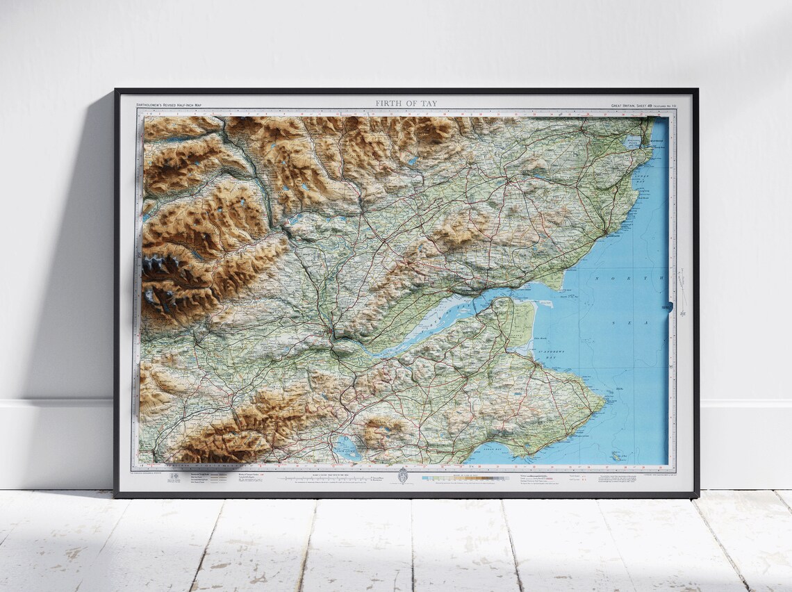 Firth Of Tay Scotland 3D Shaded Relief Topographic Map Poster