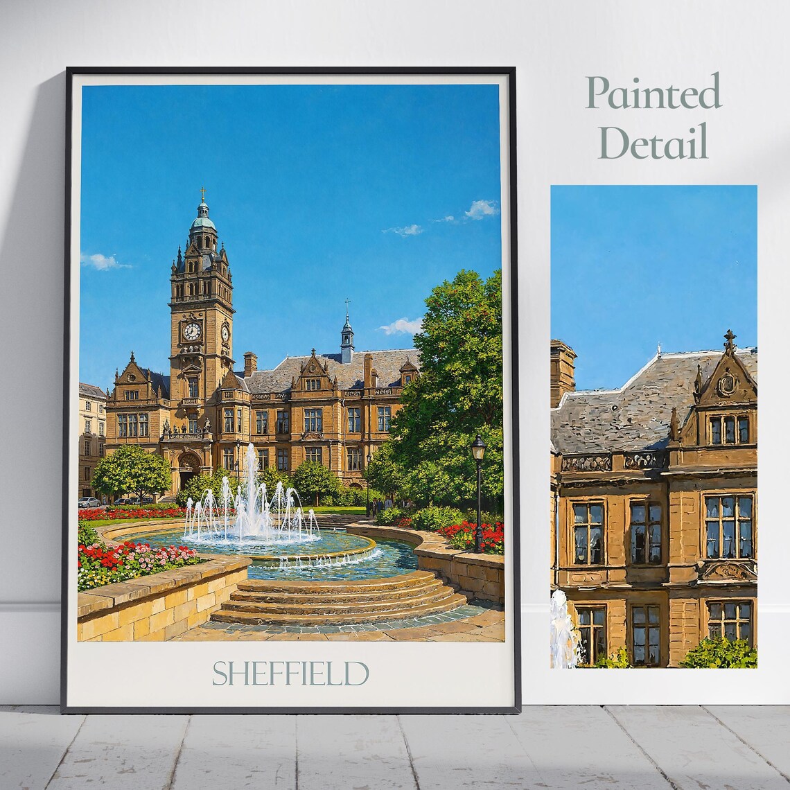 Sheffield Town Hall Fountain Painted England Travel Art Poster
