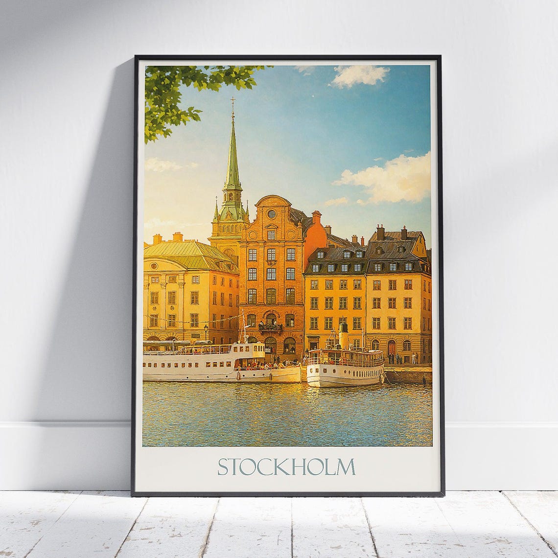 Stockholm Sweden Gamla Stan Waterfront Vintage Travel Poster