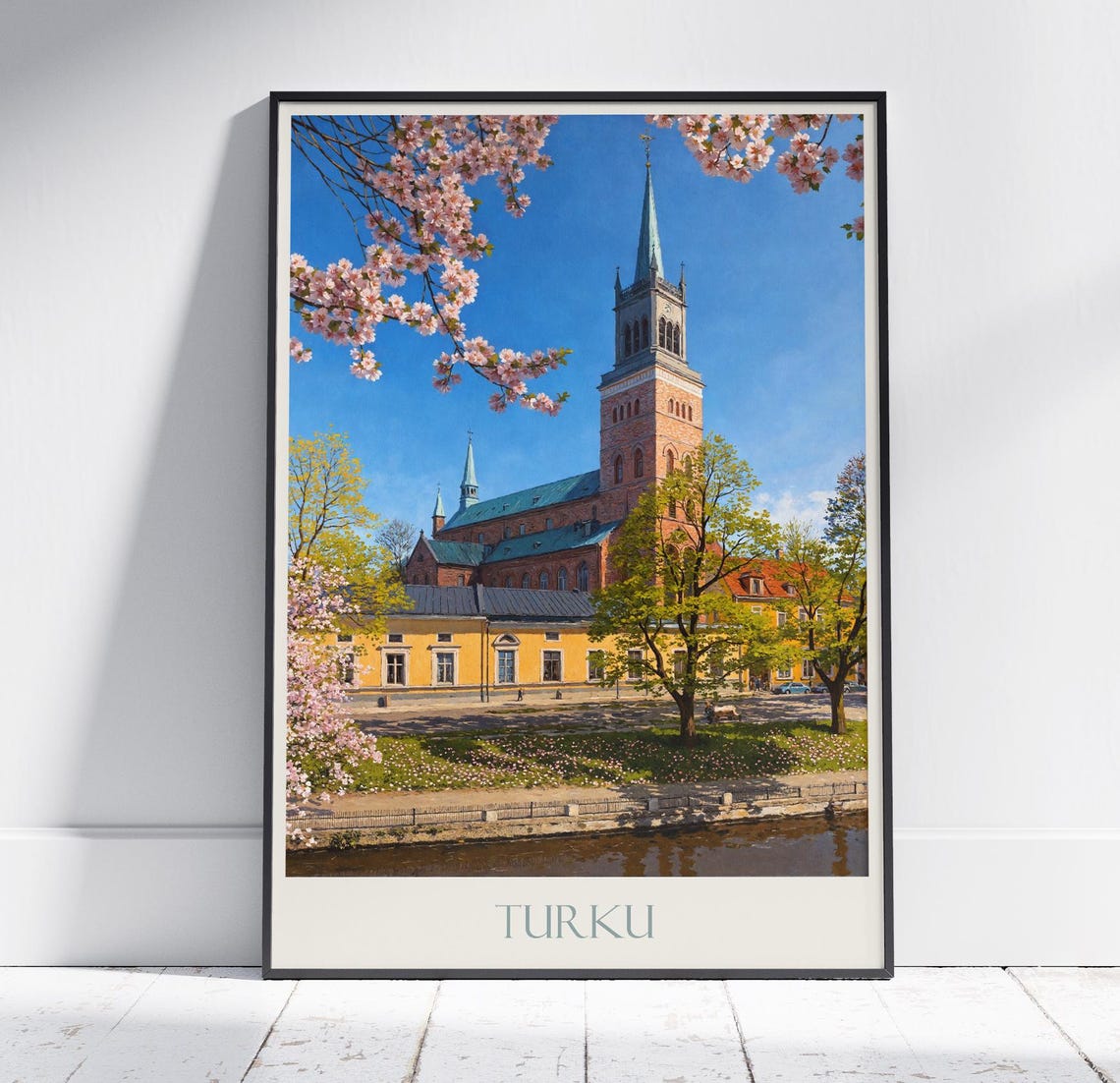 Turku Finland Travel Poster with Cathedral in Spring Blossom Scene