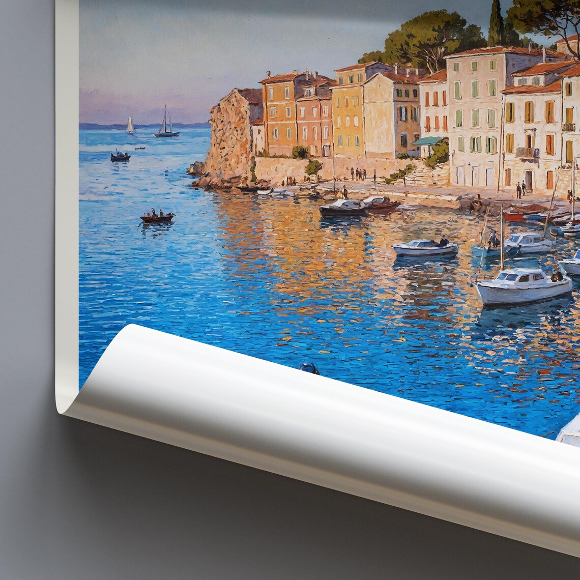 Rovinj Croatia Golden Hour Harbor Boats Painted Travel Poster