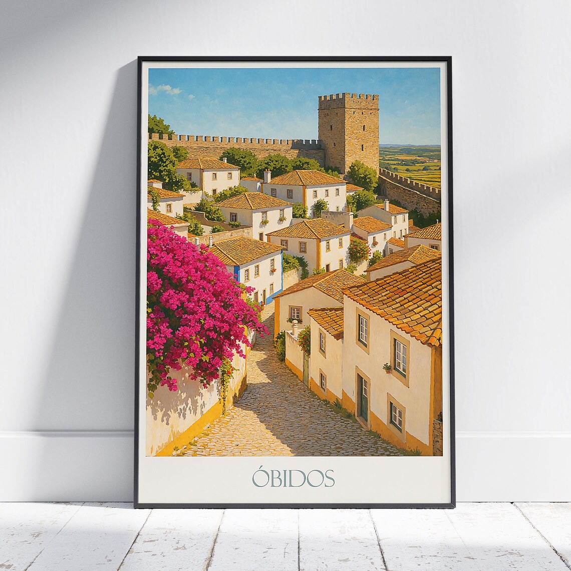 Obidos Portugal Medieval Walled Village Vintage Travel Poster