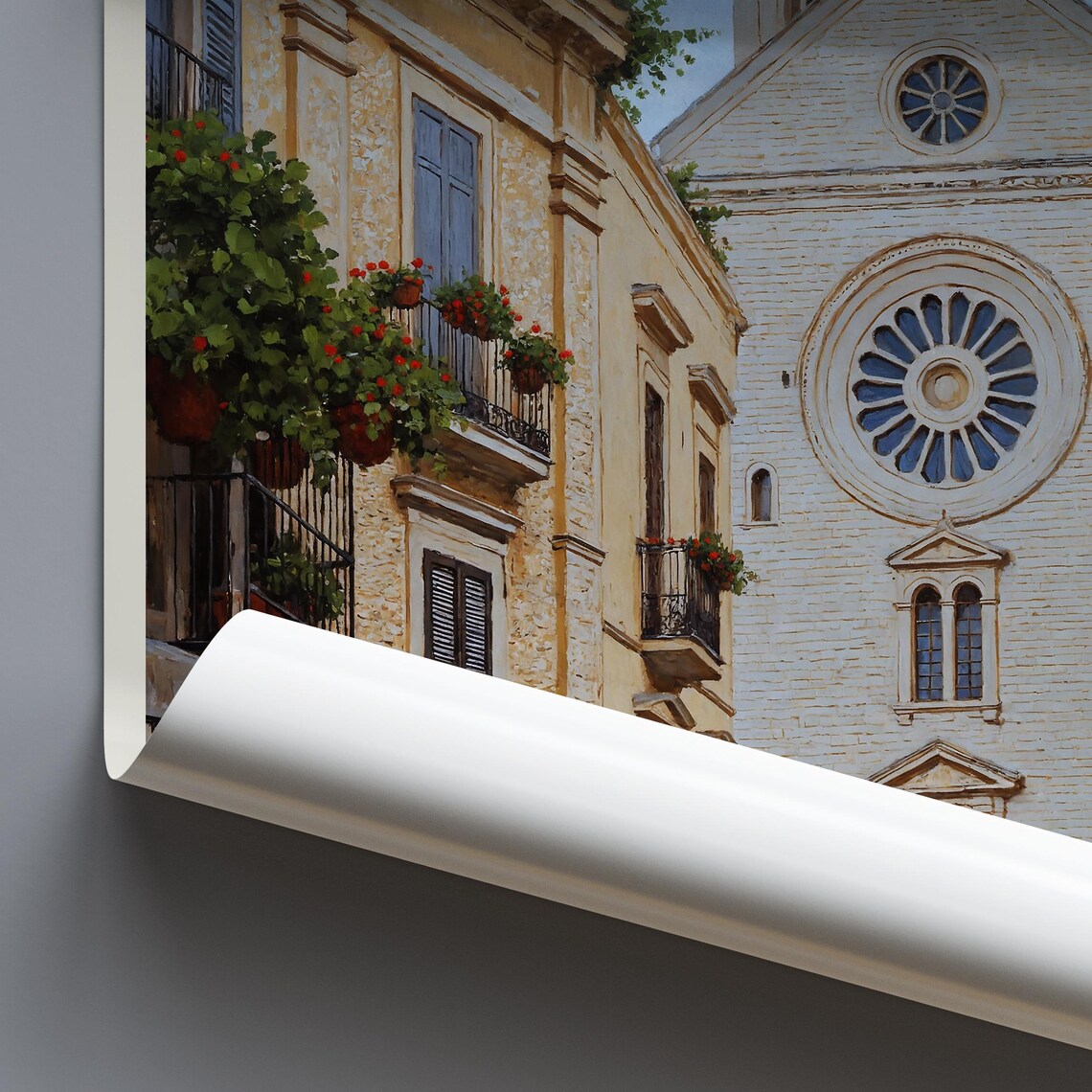 Bari Italy Painted Church Square With Rose Window And Cafes Poster - Image 4