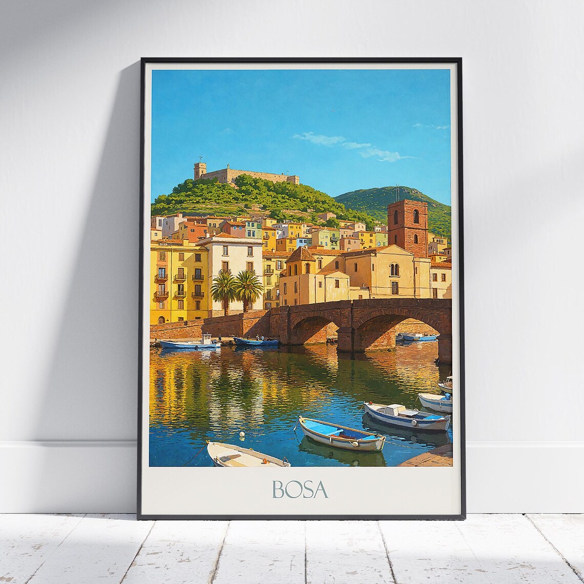 Bosa Sardinia Colourful Riverside Village Castle Travel Poster