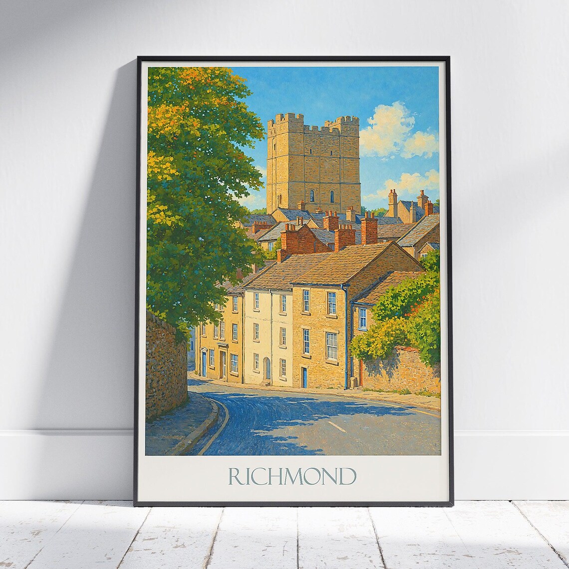 Richmond Yorkshire Castle Town Cobblestone Street Travel Poster