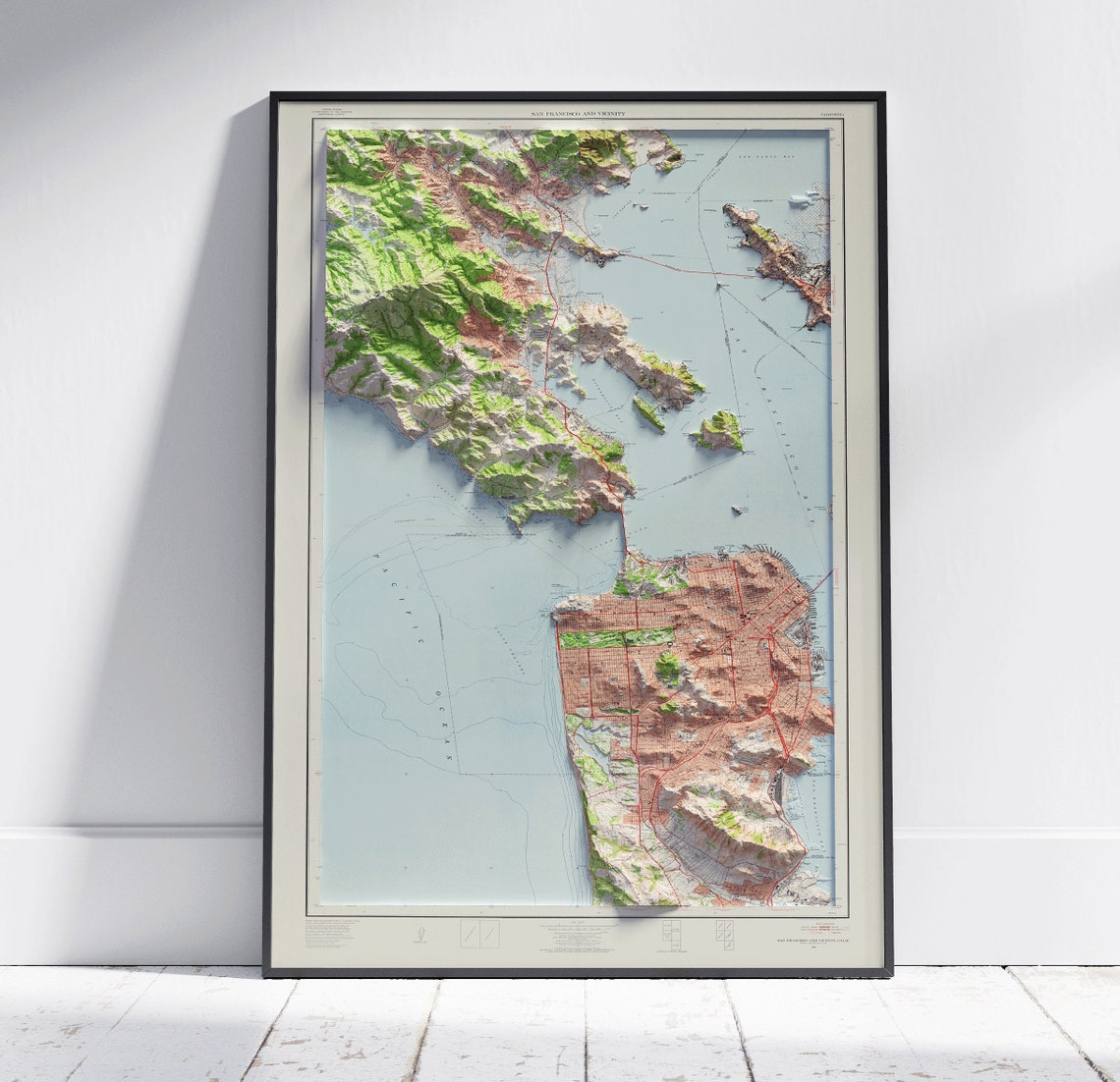 San Francisco Bay Vintage Shaded Relief City Map Poster Vicinity