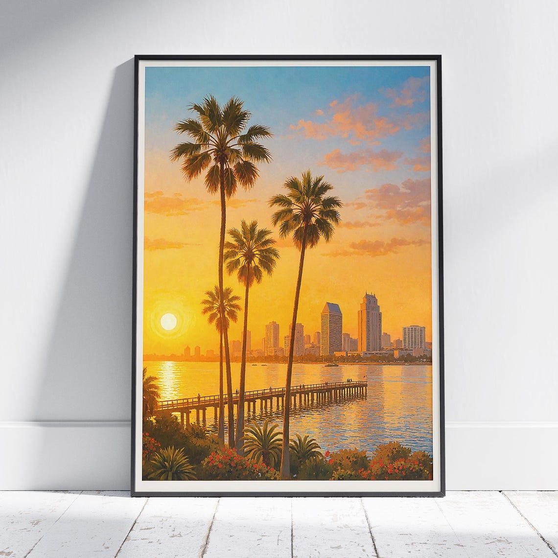 San Diego Sunset Palm Trees Over Bay Pier Skyline Travel Poster