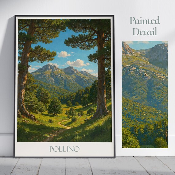 Pollino Italy Pine-Framed Valley Poster with Mountain Trail View Art