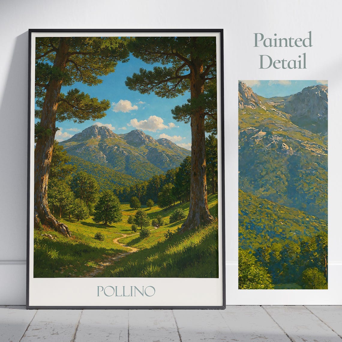 Pollino Italy Pine-Framed Valley Poster with Mountain Trail View Art