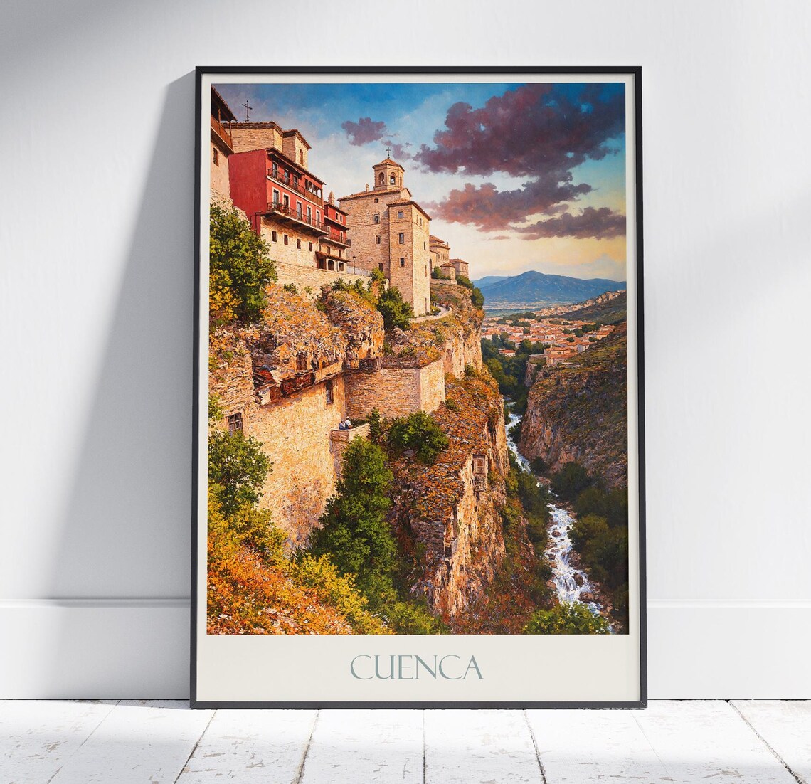 Cuenca Spain Cliffside Hanging Houses Painted Vintage Travel Poster