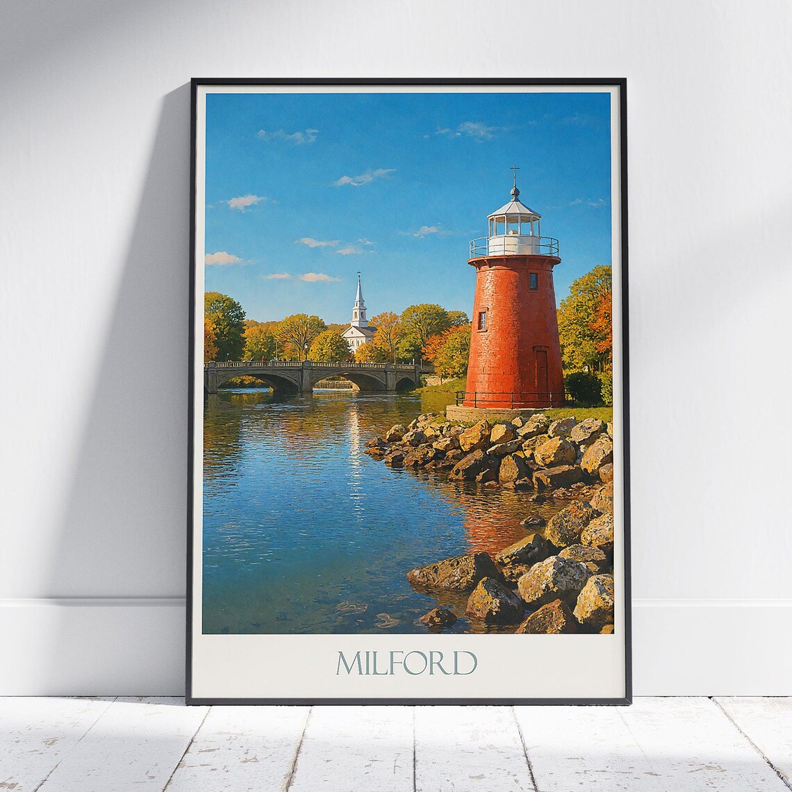 Milford Ohio Red Lighthouse Rocky Shore Autumn Bridge Scene Poster