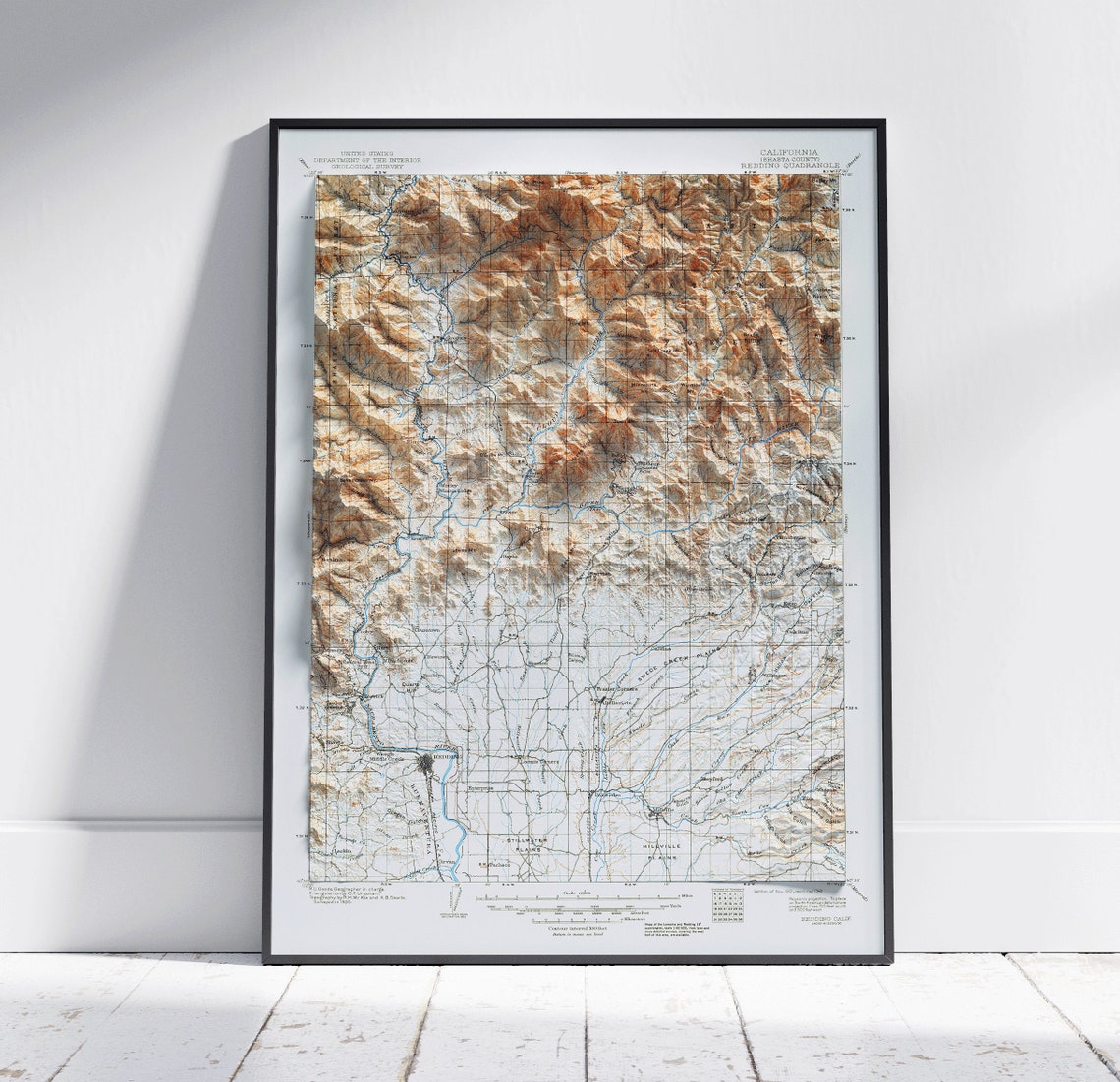 Redding California USGS Topographic 3D Relief Map Wall Poster