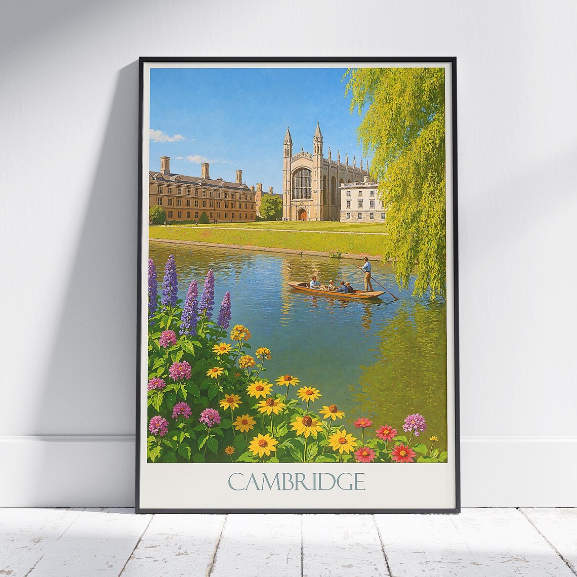 Cambridge Punting River Cam Kings College Floral Travel Poster