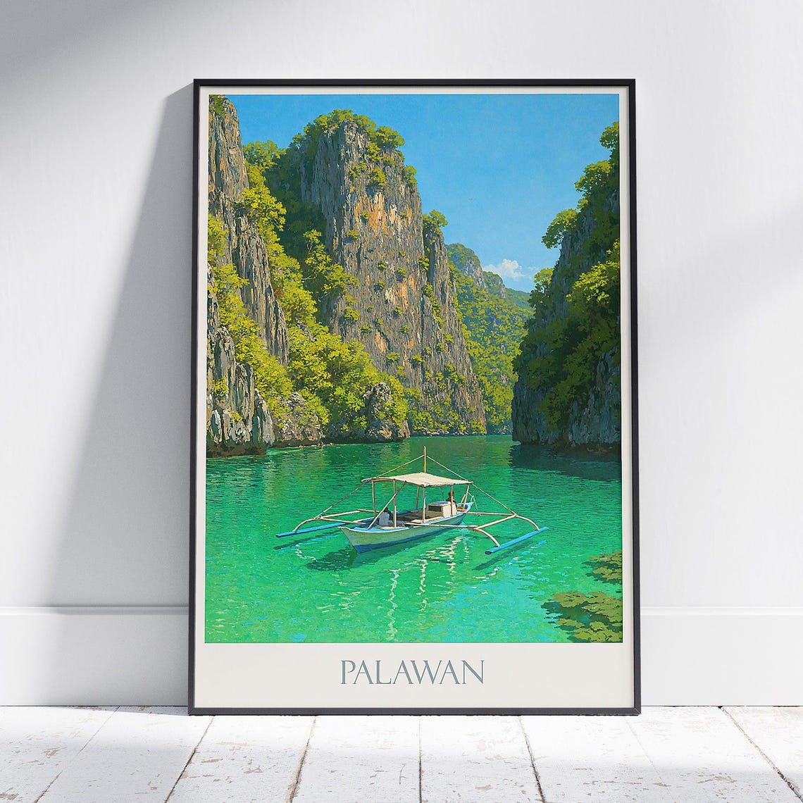 Palawan Philippines Emerald Lagoon Karst Cliffs Boat Travel Poster