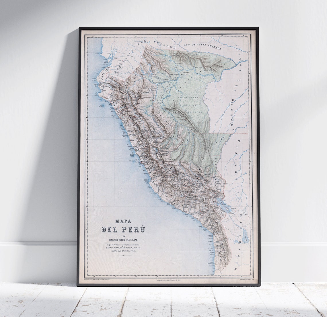 Mapa del Peru Mariano Paz Soldan Antique Vintage Chart Poster