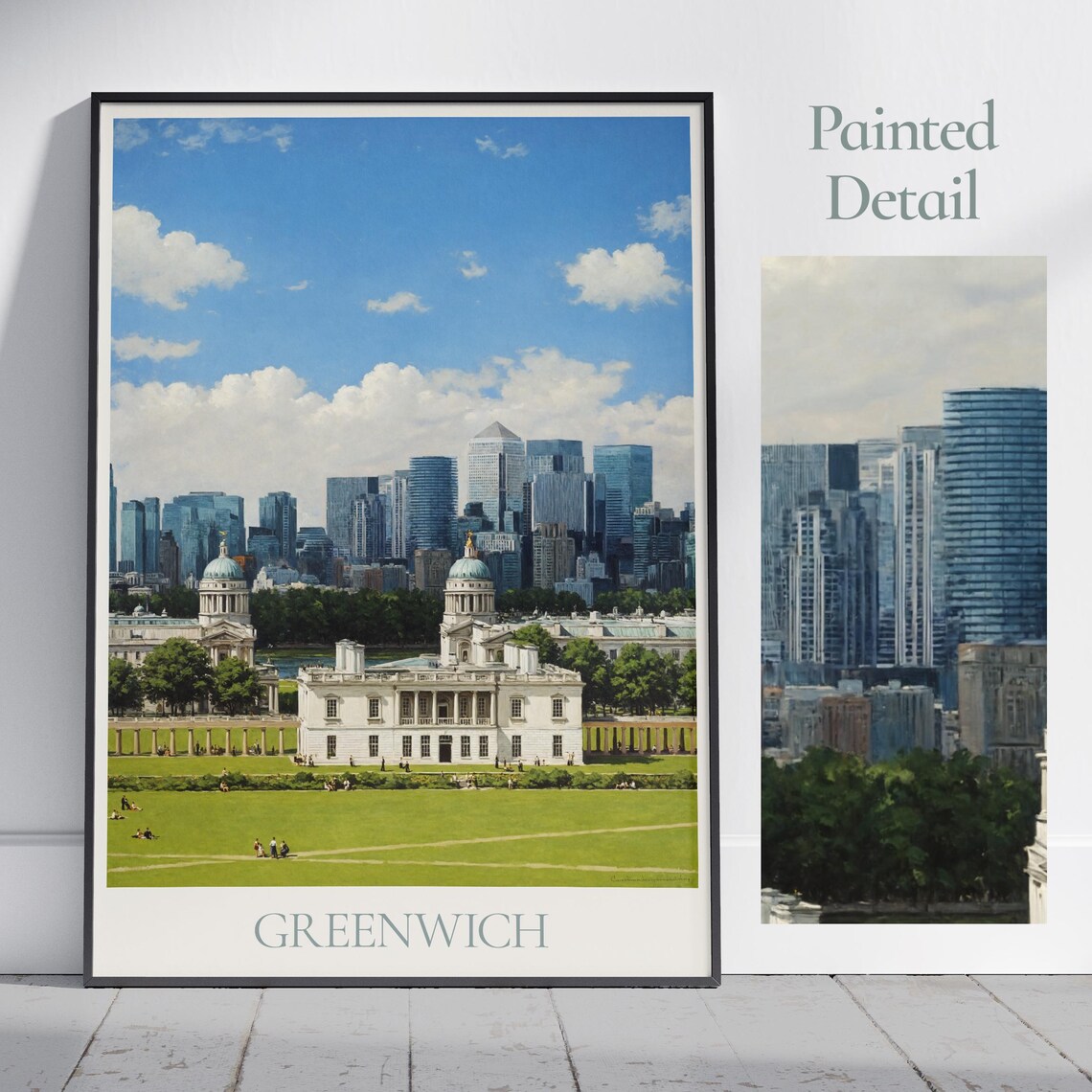 Greenwich London Naval College Canary Wharf Painted Travel Poster