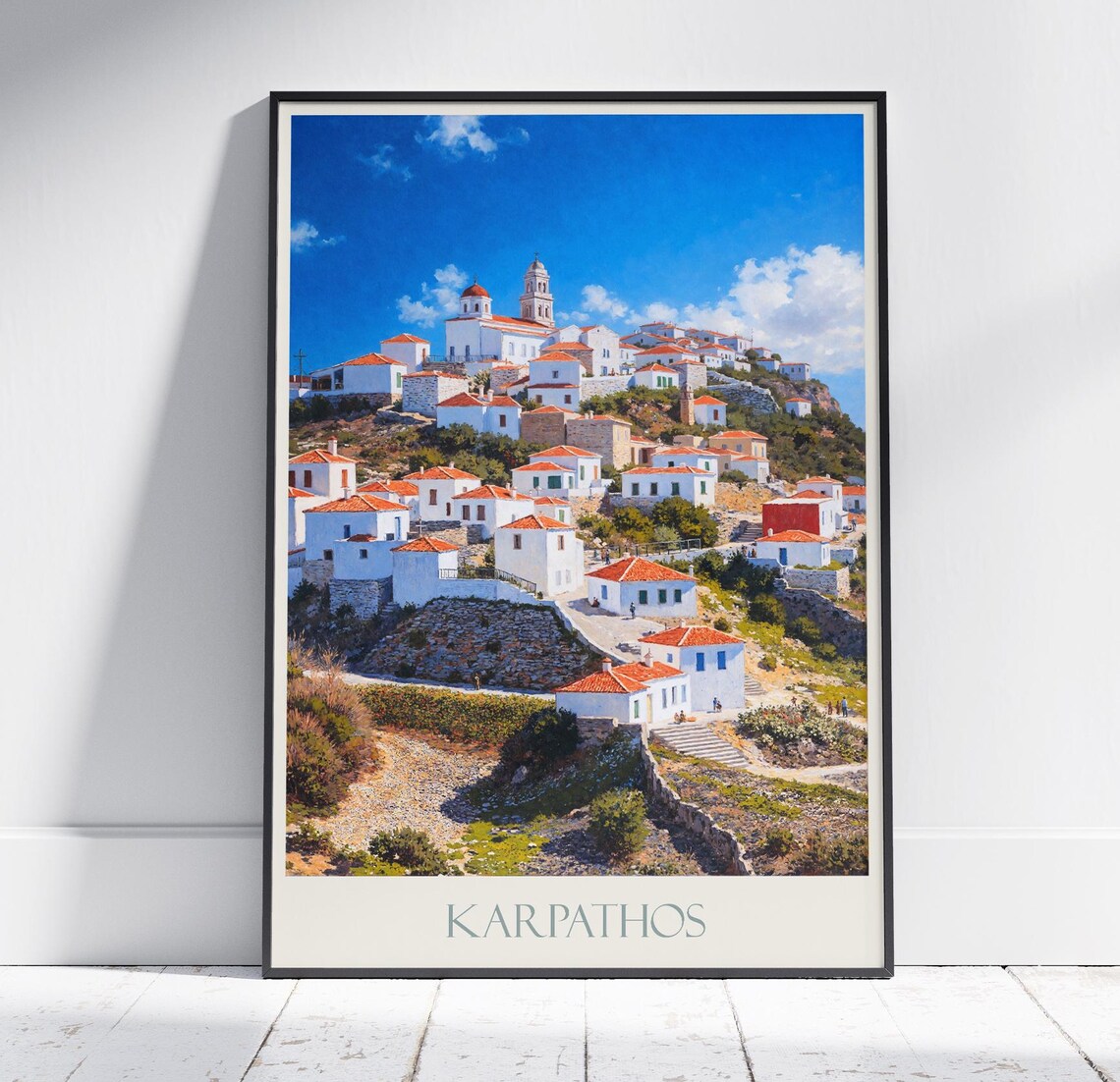 Karpathos Whitewashed Hillside Village Sunlit Greece Travel Poster