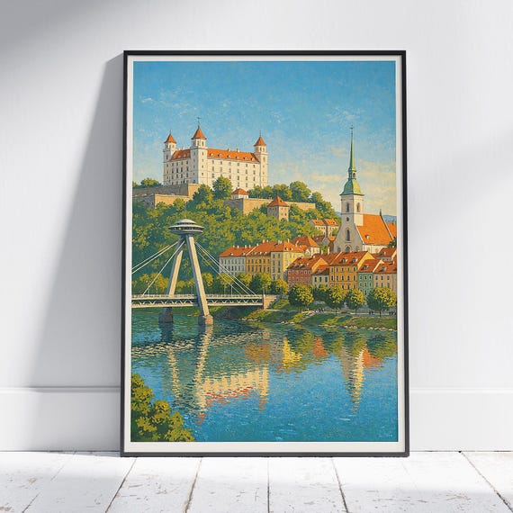 Bratislava Travel Poster Slovakia Castle Most Snp Art Print Danube River Cityscape Wall Decor Handpainted Style Gift