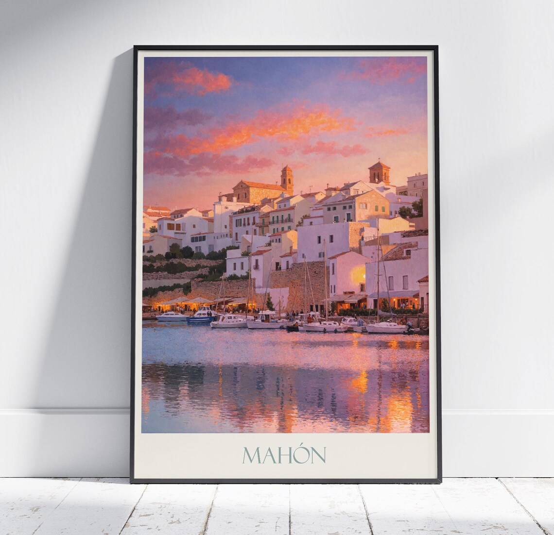 Mahon Menorca Spain Sunset Harbour White Village Travel Poster