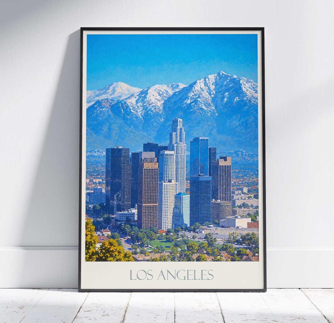 Los Angeles Skyline Snowy Mountains Painted California Travel Poster