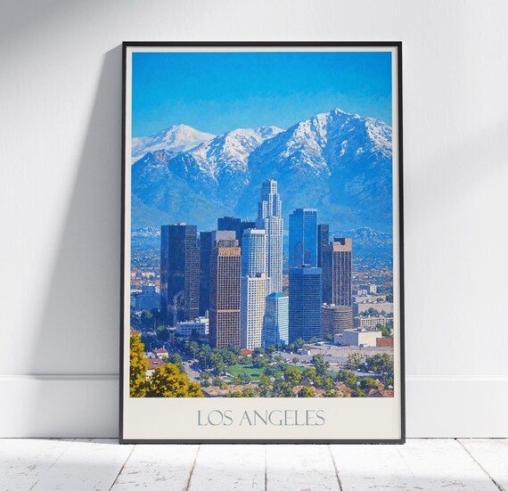 Los Angeles Skyline Snowy Mountains Painted California Travel Poster
