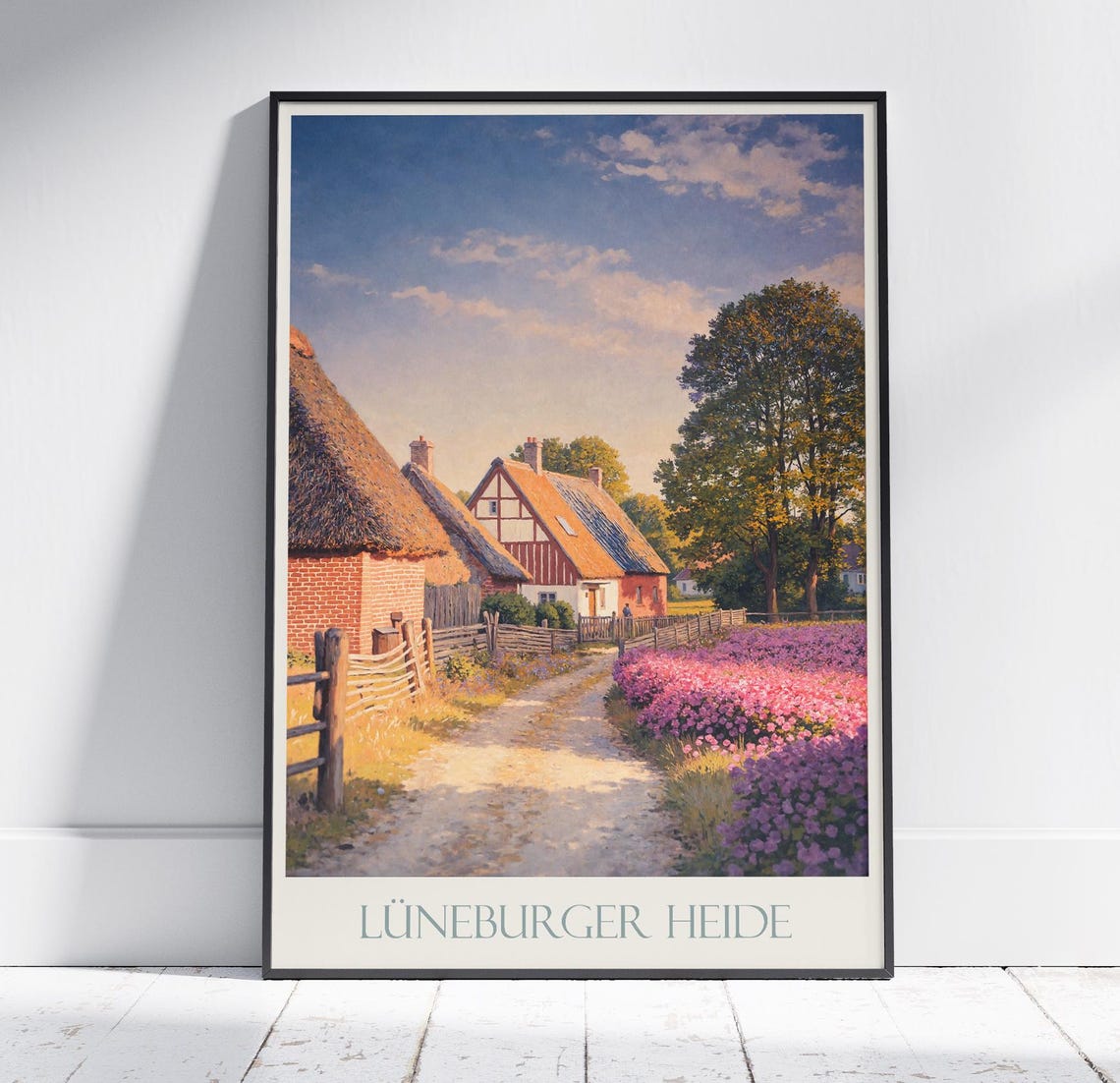 Luneburger Heide Germany Thatched Cottages Heather Path Travel Poster