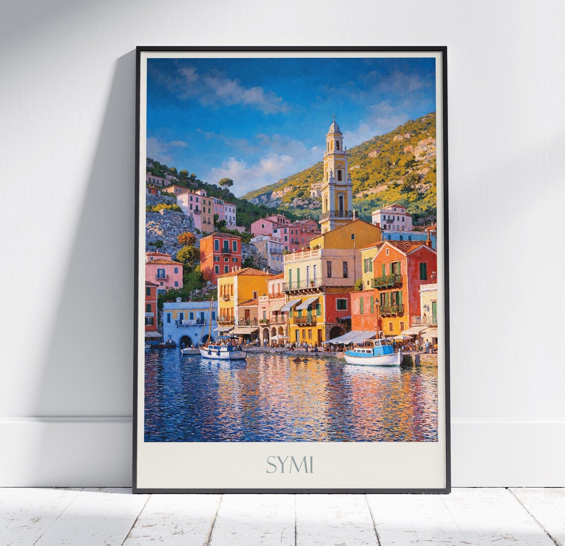 Symi Greece Colorful Harbor Houses Church Tower Travel Poster Art