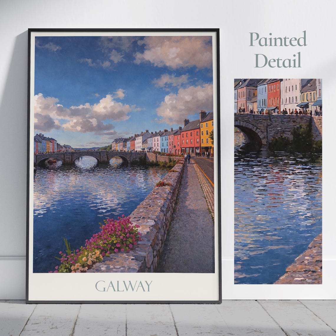 Galway Ireland Colorful Riverside Row Bridge Painted Travel Poster Art