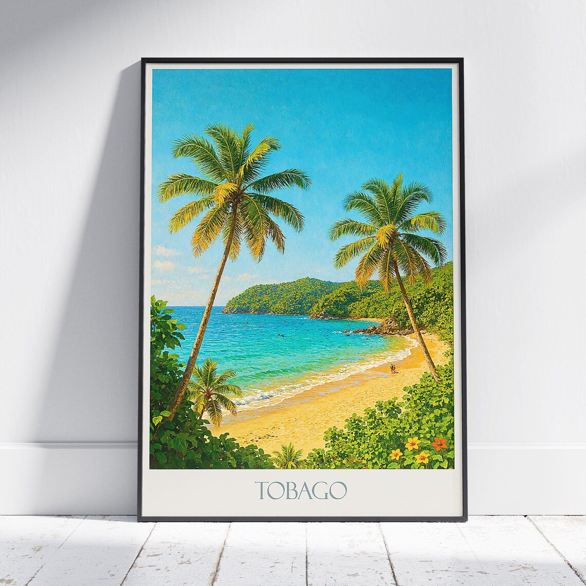 Tobago Caribbean Palm Beach Vintage Travel Poster in Golden Light