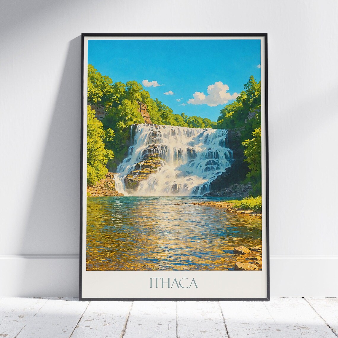 Ithaca New York Cascading Waterfall River Gorge Travel Poster