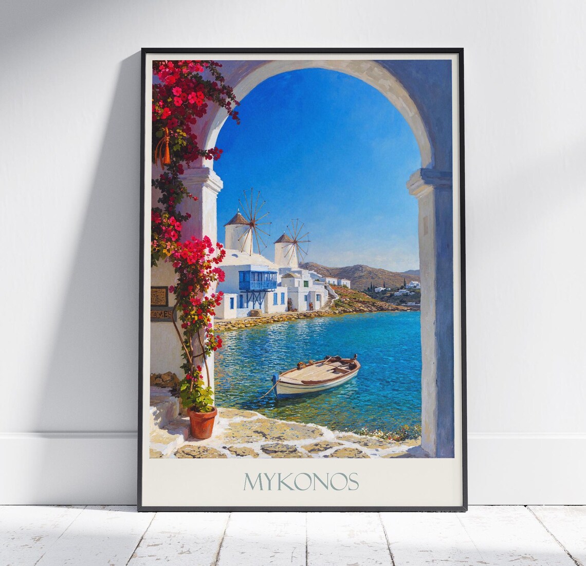 Mykonos Greece Windmills Harbor Boat Bougainvillea Travel Poster