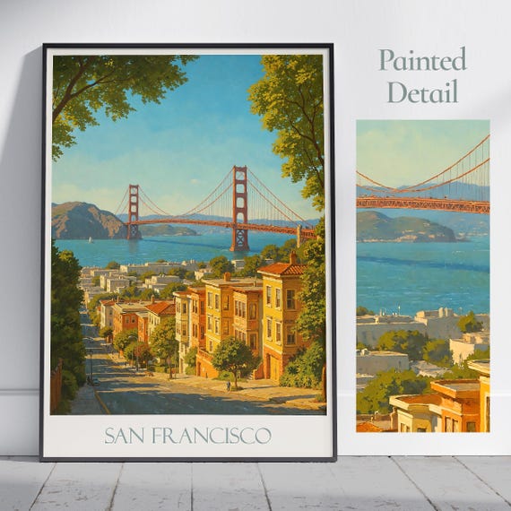 San Francisco Travel Poster Golden Gate Bridge Wall Art Print Painted Cityscape Home Decor Gift