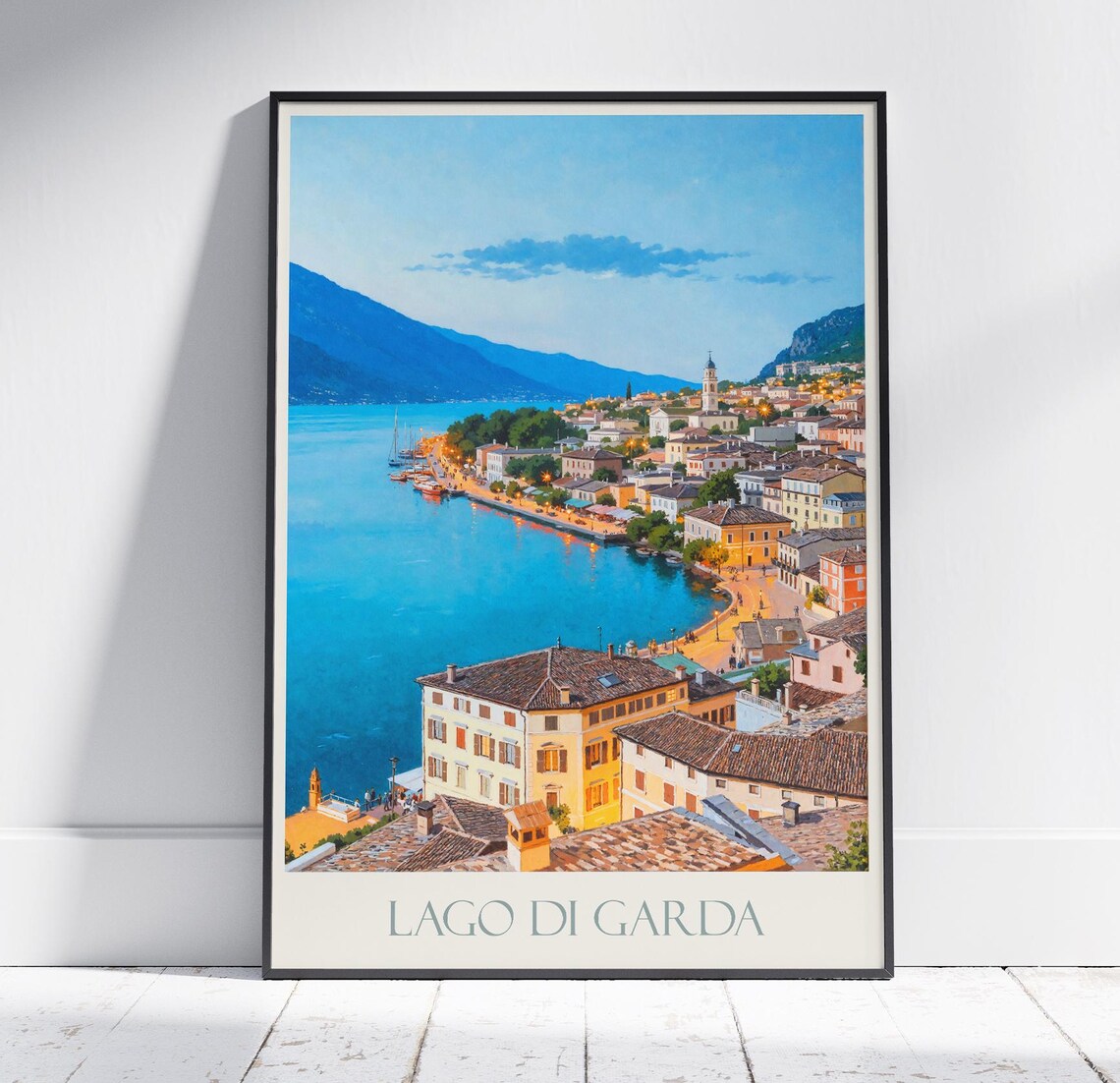 Lago di Garda Italy Lakeside Town Dusk Vintage Travel Poster Art