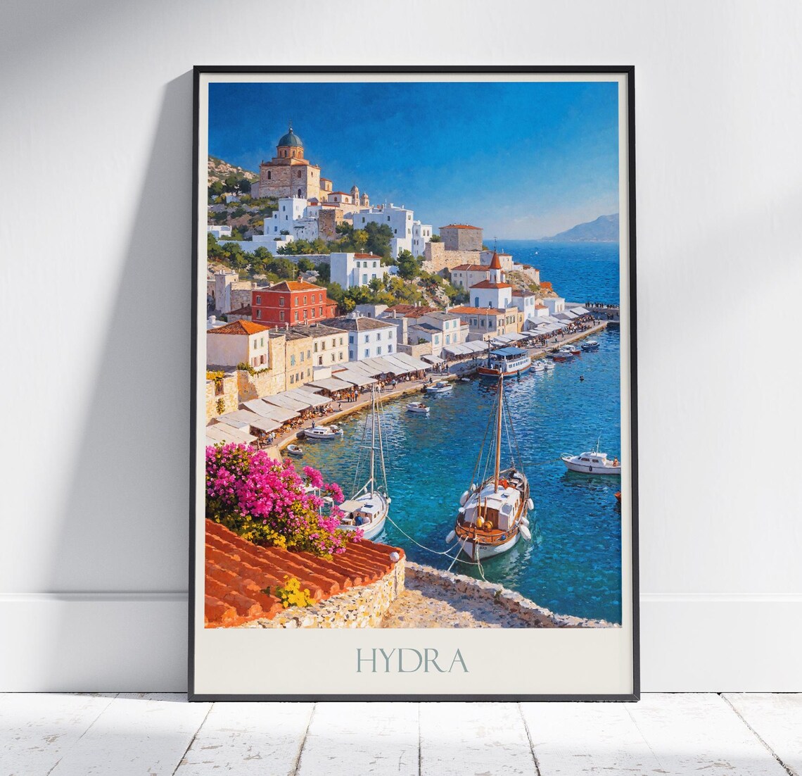 Hydra Greece Harbor Sailboats Bougainvillea Seaside Travel Poster