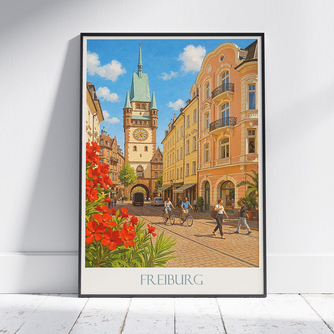 Freiburg Germany Schwabentor Clock Tower Street Travel Poster