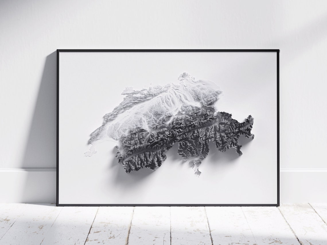 Switzerland Modern Minimalist Black and White 2D Relief Map Poster
