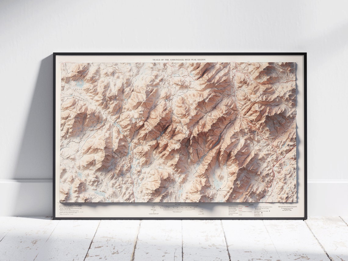 Adirondack High Peaks Trails Shaded Relief Topographic Map Poster
