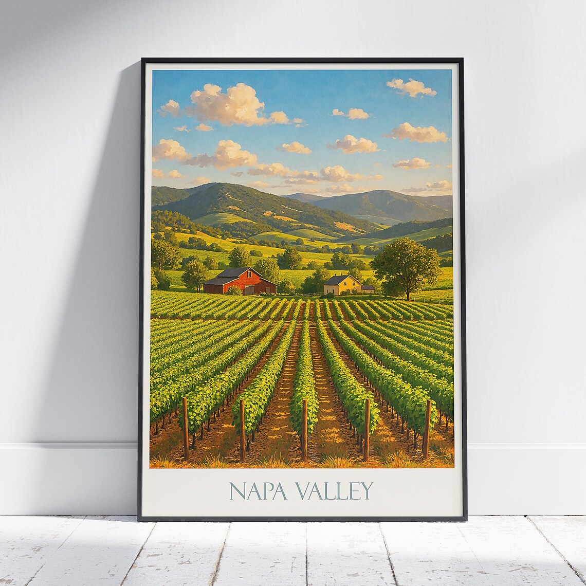 Napa Valley Vineyard Red Barn Rolling Green Hills Painted Travel Poster