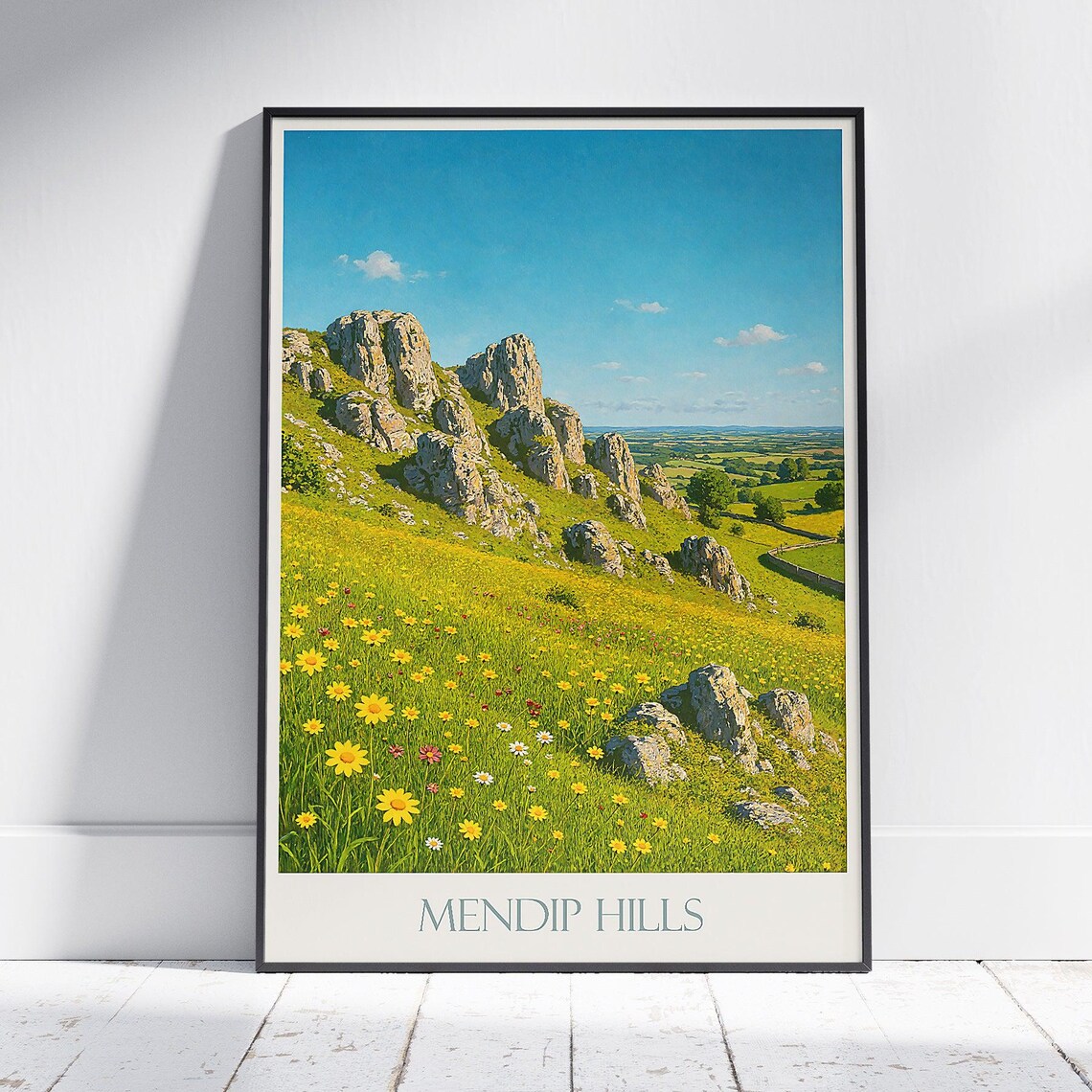 Mendip Hills Somerset Rocky Crag Wildflower Meadow Travel Poster