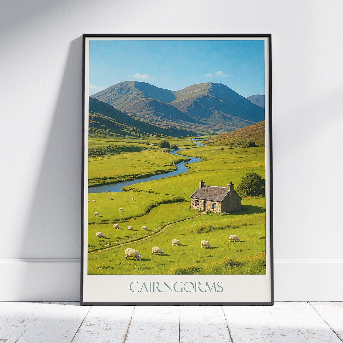 Cairngorms Scotland Green Valley Sheep Cottage Landscape Poster