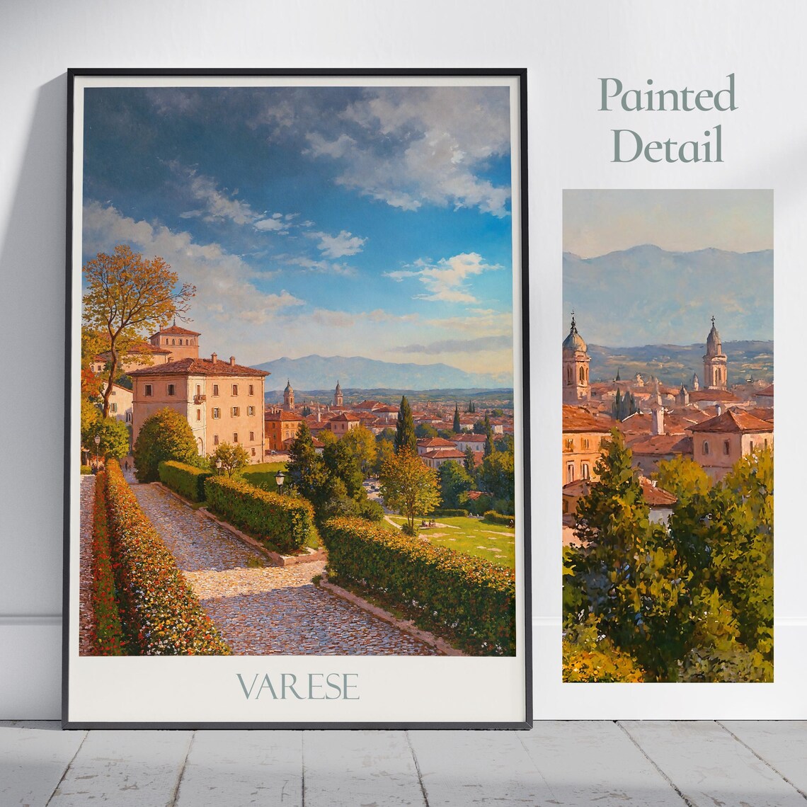 Varese Italy Hillside Painted Travel Poster Lake District Gardens