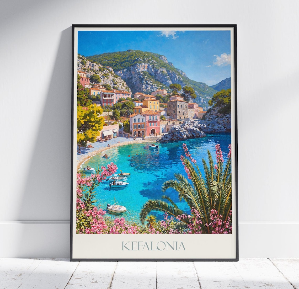 Kefalonia Assos Beach Turquoise Bay Greece Vintage Travel Poster