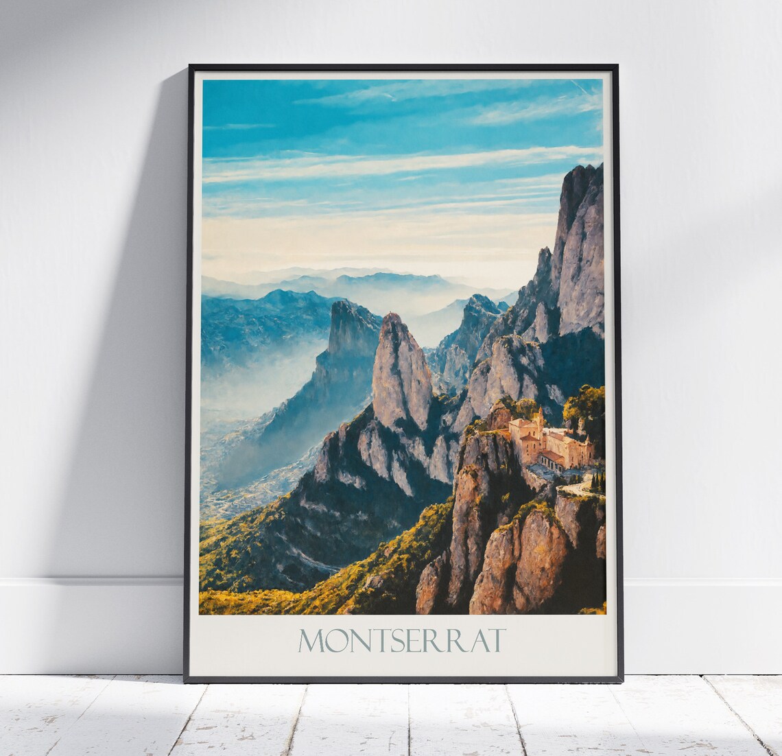 Montserrat Spain Painted Serrated Peaks And Cliff Monastery Poster