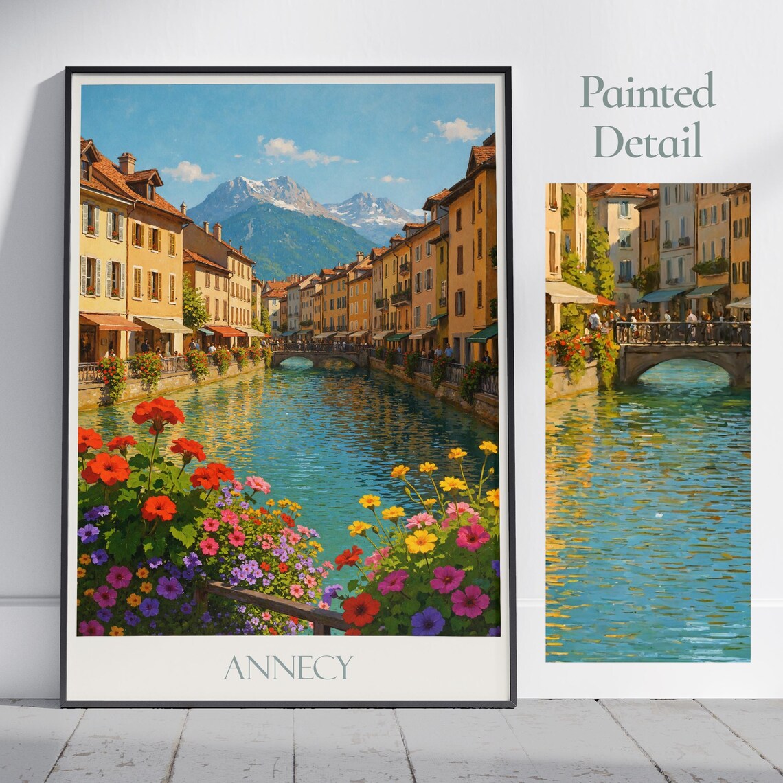 Annecy France Canal Colorful Flowers Mountain Painted Poster