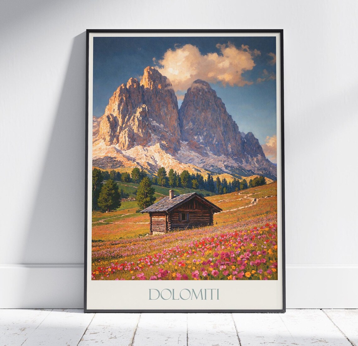 Dolomites Italy Wildflower Meadow Wooden Cabin Mountain Poster