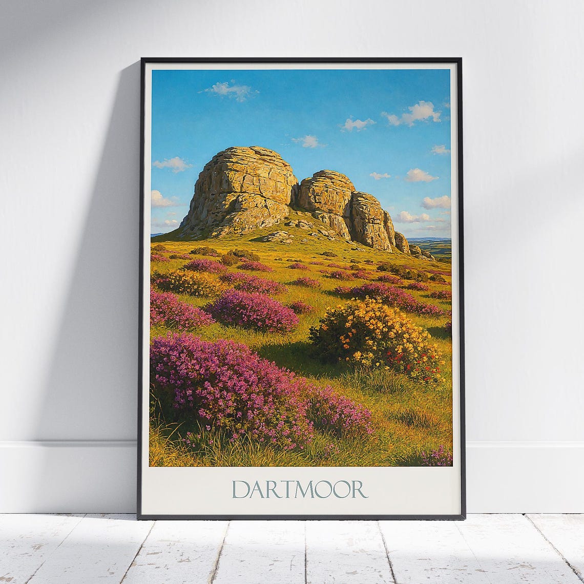 Dartmoor Haytor Rocks Blooming Heather Painted Vintage Travel Poster