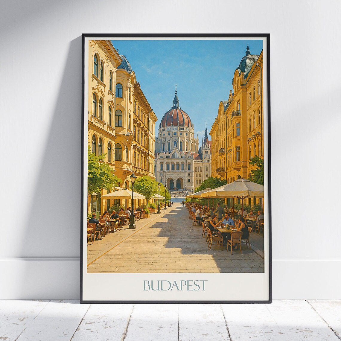 Budapest Cafe Street with Domed Basilica Hungary Travel Poster