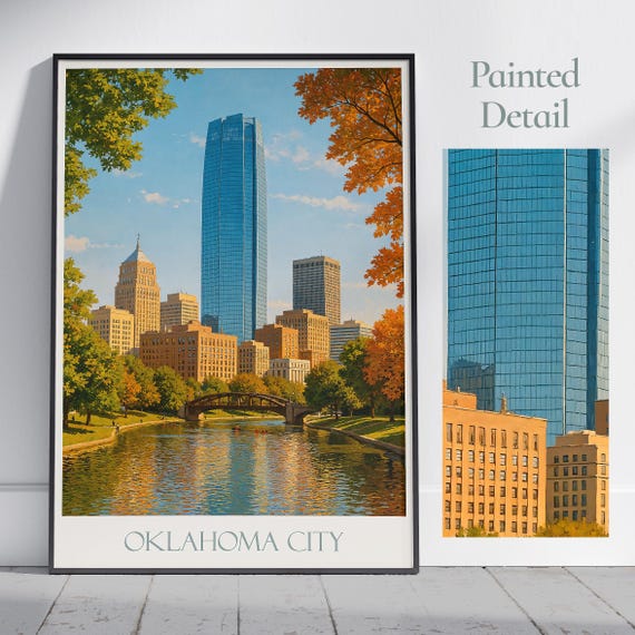 Oklahoma City Travel Poster Okc Print Painted Wall Art Home Decor Framed Cityscape Vacation Gift