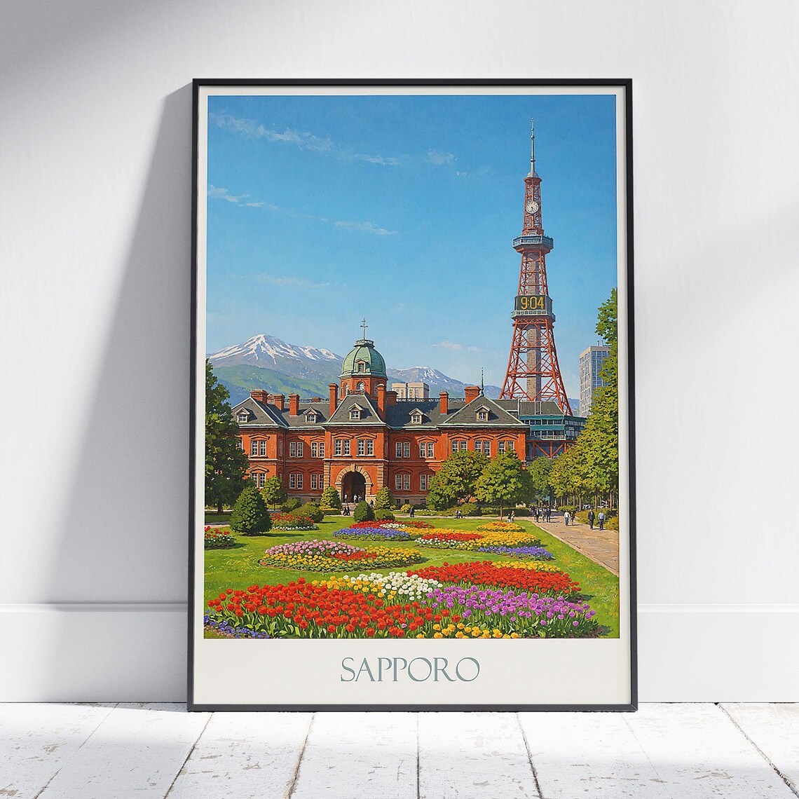 Sapporo Japan Red Brick Office and TV Tower Vintage Travel Poster