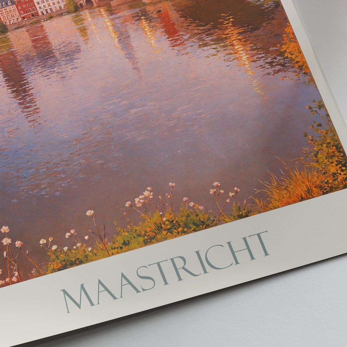 Maastricht Netherlands Old Bridge Sunset Painted Travel Poster - Image 2